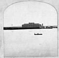Council Bluffs Transfer Depot in the Missouri River flood of 1881, water fills the Union Pacific Railroad railyard up to the Union Pacific Railroad Transfer Depot and hotel