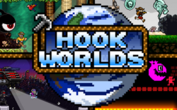 Official cover art showing the game's logo (middle) and its four worlds (clockwise from top left): Curse of the Watcher, Dungeon Gunner, CyberGnome 202X, and Hook Champ 1000